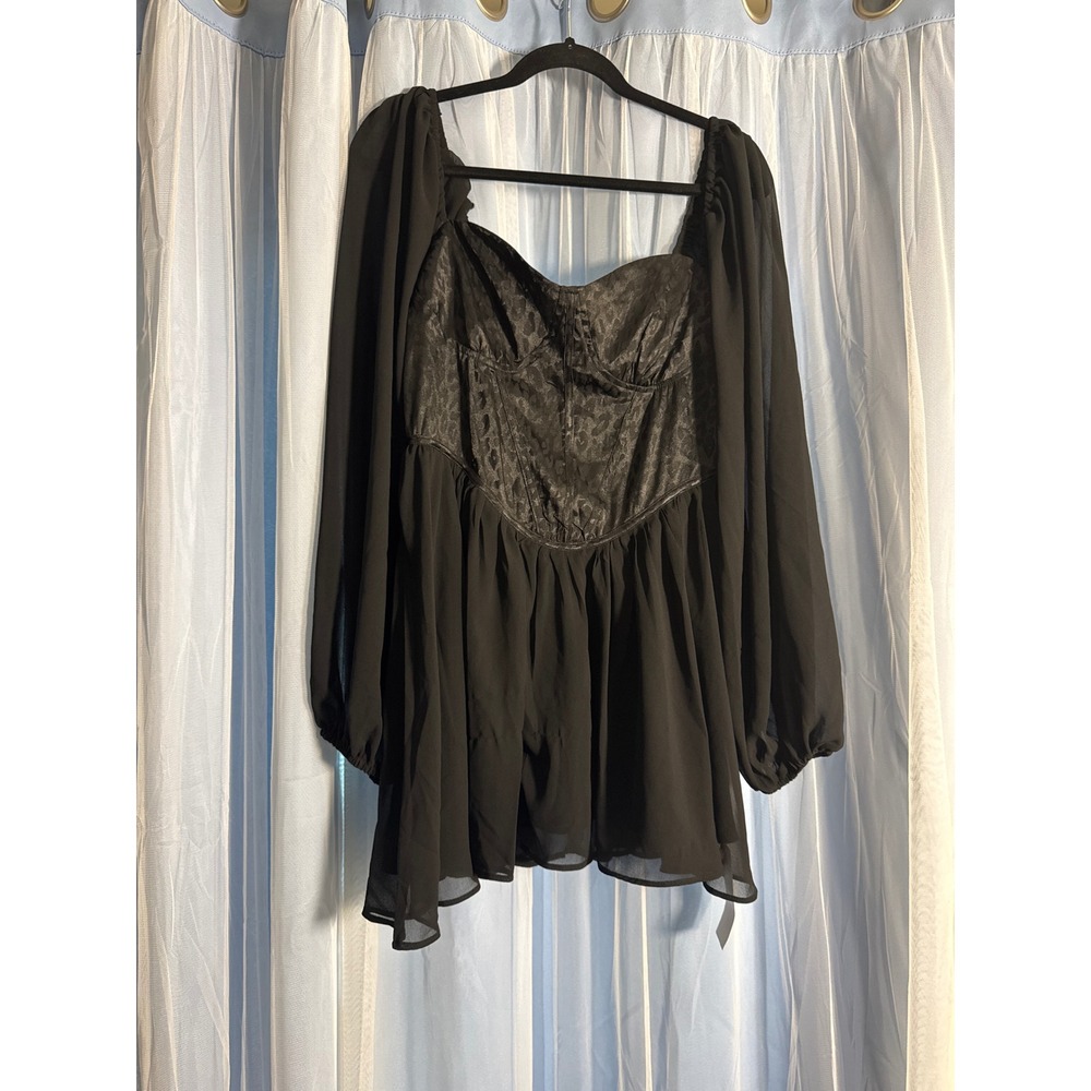D&M Corset Babydoll Dress Womens XL Black New Leopard Jacquard‎ Chiffon Mini